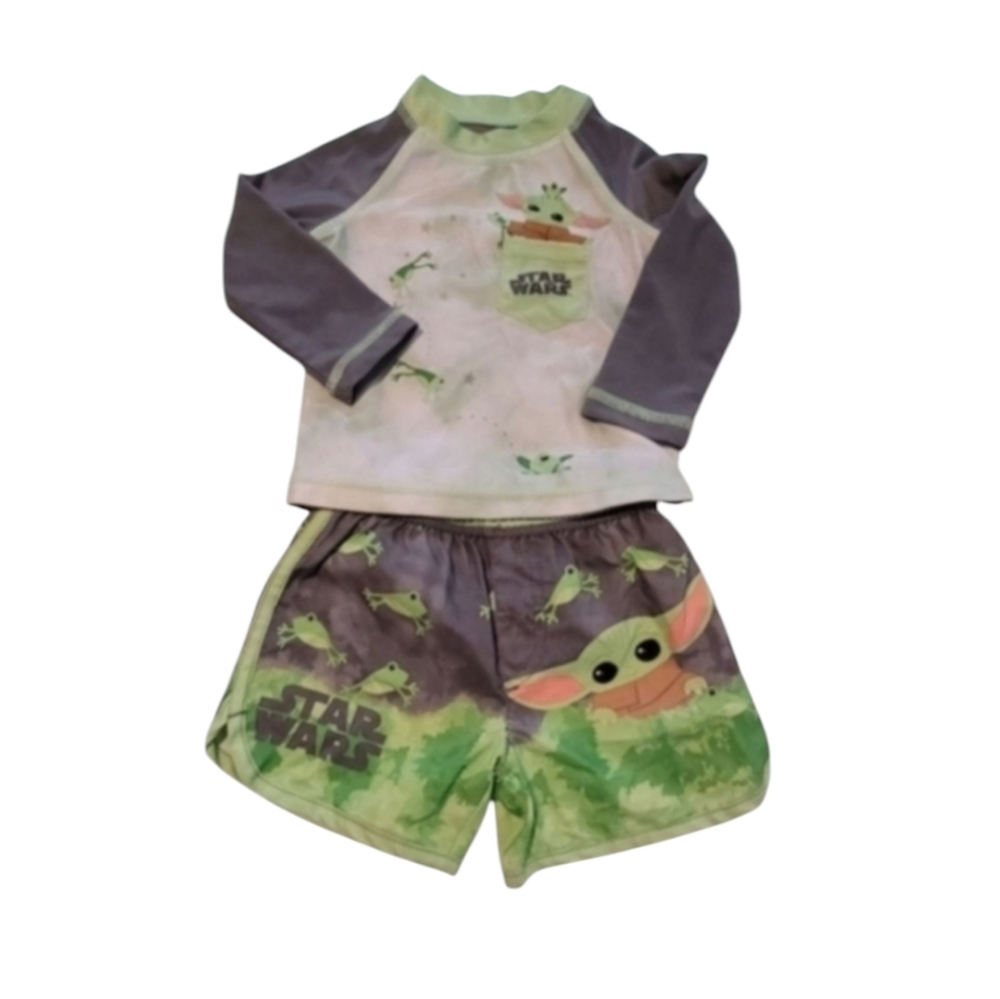 Star Wars Kids Rashguard Swim Shirt Shorts Green Gray Baby Yoda Size 12 Months